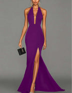 Black Halter Neck V-Neck High Fork Fishtail Maxi Dress
