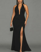 Black Halter Neck V-Neck High Fork Fishtail Maxi Dress