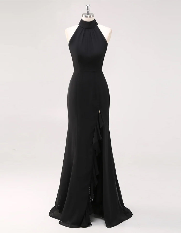 Black Chiffon Halter Neck With Ruffled Slit Fishtail Hem Maxi Dress