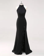 Black Chiffon Halter Neck With Ruffled Slit Fishtail Hem Maxi Dress