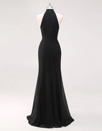 Black Chiffon Halter Neck With Ruffled Slit Fishtail Hem Maxi Dress