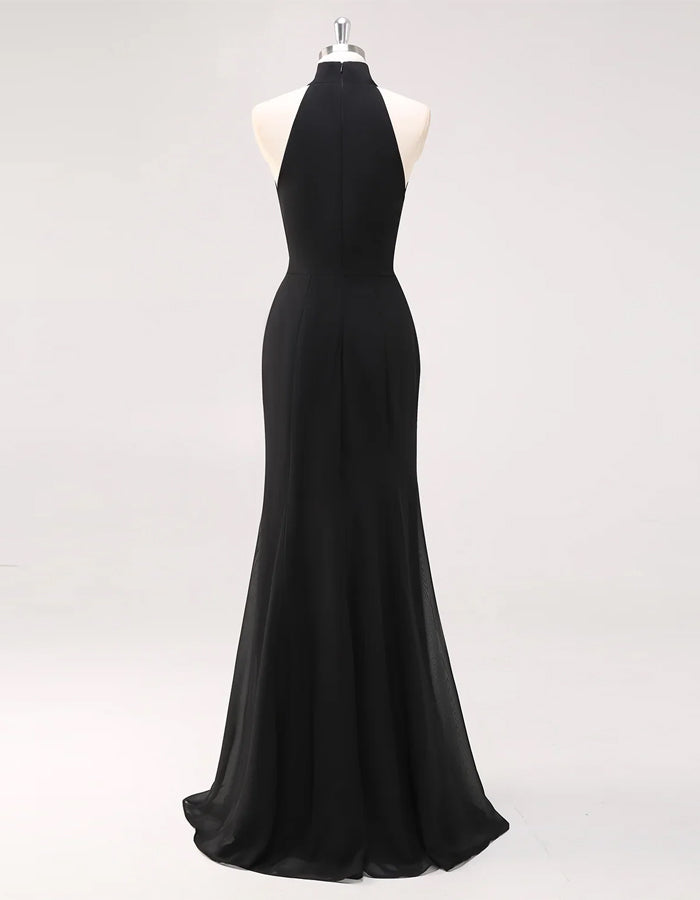 Black Chiffon Halter Neck With Ruffled Slit Fishtail Hem Maxi Dress