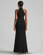Black Chiffon Halter Neck With Ruffled Slit Fishtail Hem Maxi Dress