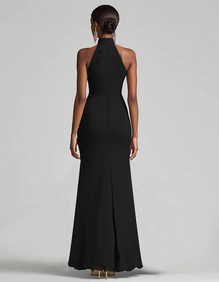 Black Chiffon Halter Neck With Ruffled Slit Fishtail Hem Maxi Dress