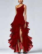 Solid Color One Shoulder Ruffle Irregular Maxi Dress