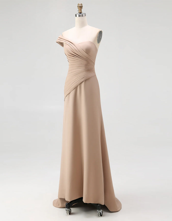 Solid Color Satin One Shoulder Pleated Fishtail Maxi Dress