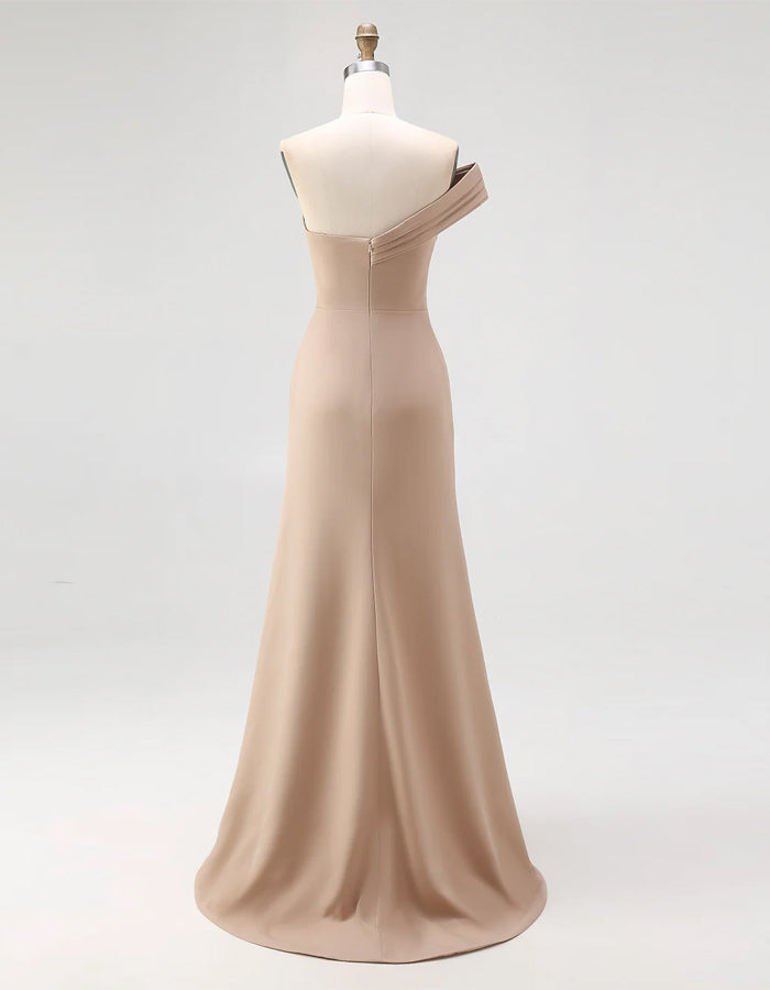 Solid Color Satin One Shoulder Pleated Fishtail Maxi Dress