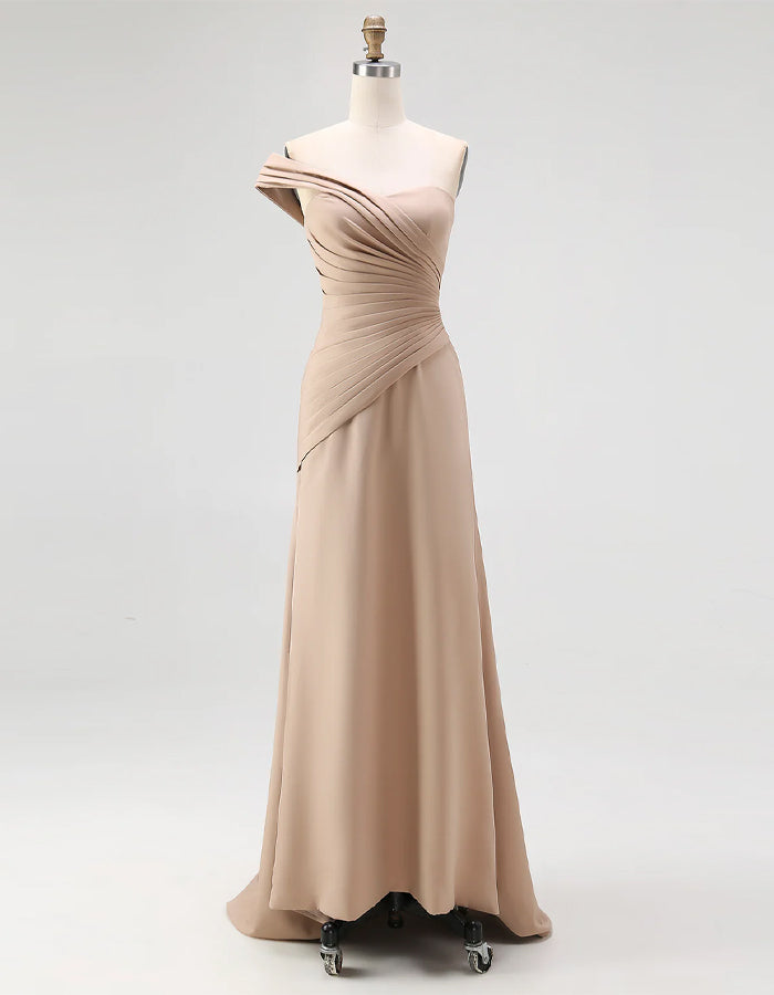 Solid Color Satin One Shoulder Pleated Fishtail Maxi Dress