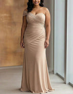 Solid Color Satin One Shoulder Pleated Fishtail Maxi Dress