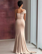Solid Color Satin One Shoulder Pleated Fishtail Maxi Dress