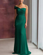 Solid Color Satin One Shoulder Pleated Fishtail Maxi Dress