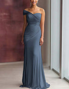 Solid Color Satin One Shoulder Pleated Fishtail Maxi Dress
