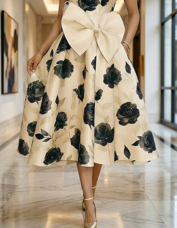 Apricot Colored Black Rose Print Large Bow Umbrella Midi Dress