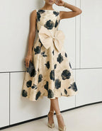 Apricot Colored Black Rose Print Large Bow Umbrella Midi Dress