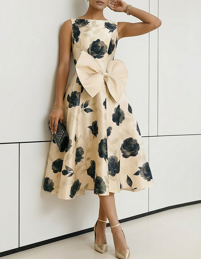 Apricot Colored Black Rose Print Large Bow Umbrella Midi Dress