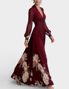 Solid Color Chiffon V-Neck Printed Long Sleeve Maxi Dress