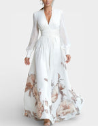 Solid Color Chiffon V-Neck Printed Long Sleeve Maxi Dress