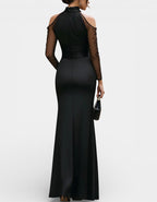 Black Satin Halter Neck With Mesh Sleeves Maxi Dress