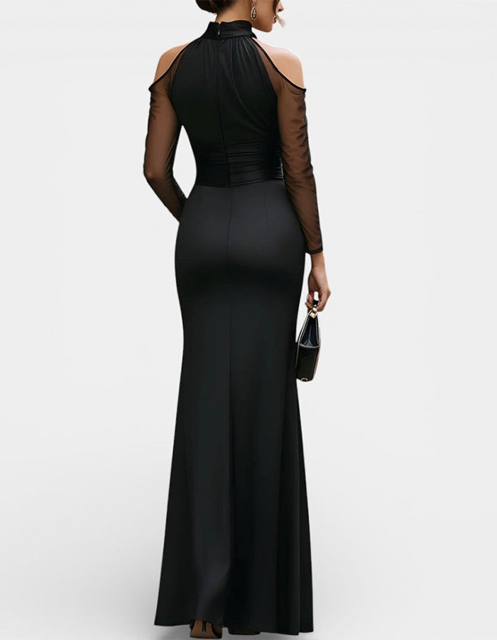 Black Satin Halter Neck With Mesh Sleeves Maxi Dress