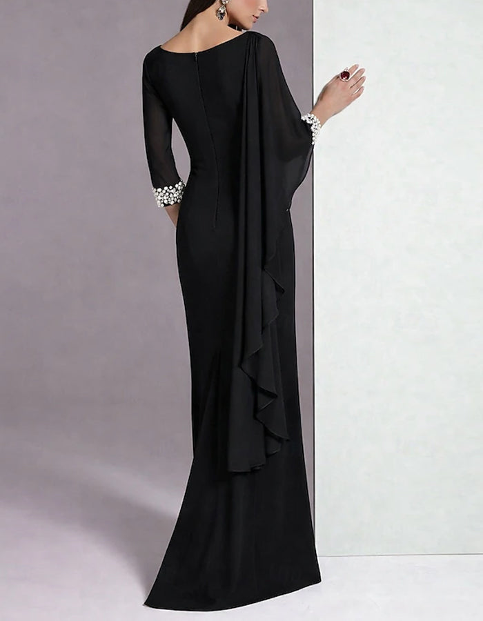 Solid Color Draped Chiffon Asymmetrical Sequined Sleeves Maxi Dress