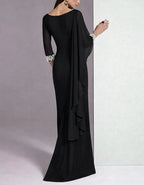 Solid Color Draped Chiffon Asymmetrical Sequined Sleeves Maxi Dress