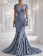 Solid Color Satin V-Neck Pleated Fishtail Maxi Dress