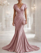 Solid Color Satin V-Neck Pleated Fishtail Maxi Dress