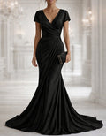 Solid Color Satin V-Neck Pleated Fishtail Maxi Dress