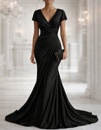 Solid Color Satin V-Neck Pleated Fishtail Maxi Dress