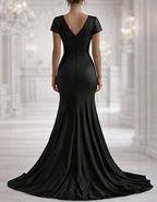 Solid Color Satin V-Neck Pleated Fishtail Maxi Dress