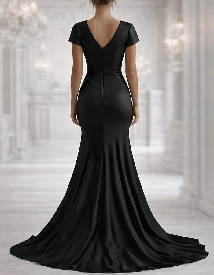 Solid Color Satin V-Neck Pleated Fishtail Maxi Dress