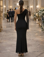 Black One Shoulder Mesh Chiffon Sleeve With Butterfly Button Fishtail Hem Maxi Dress