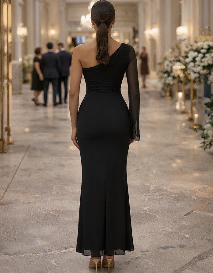 Black One Shoulder Mesh Chiffon Sleeve With Butterfly Button Fishtail Hem Maxi Dress