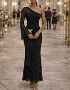 Black One Shoulder Mesh Chiffon Sleeve With Butterfly Button Fishtail Hem Maxi Dress