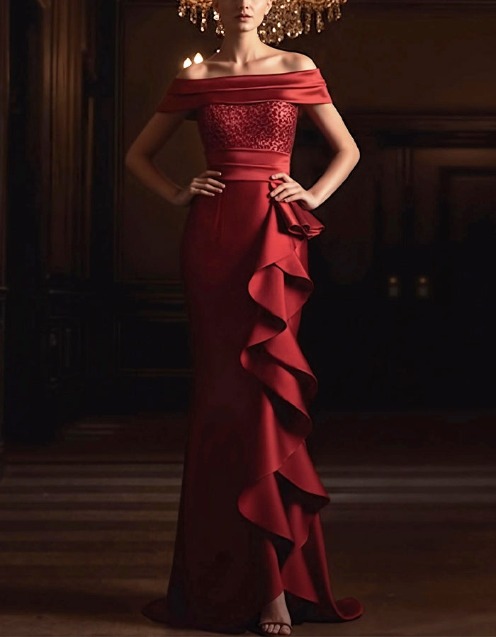 Burgundy Sequined Strapless Ruffled Maxi Dress