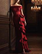 Burgundy Sequined Strapless Ruffled Maxi Dress