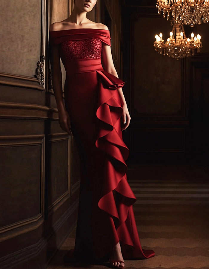 Burgundy Sequined Strapless Ruffled Maxi Dress