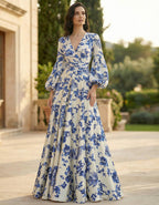 White Printed Satin Lantern Sleeve Maxi Dress