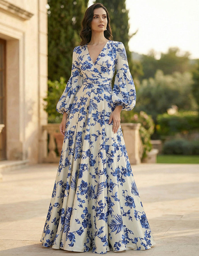 White Printed Satin Lantern Sleeve Maxi Dress
