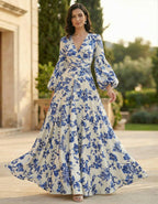 White Printed Satin Lantern Sleeve Maxi Dress