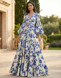 White Printed Satin Lantern Sleeve Maxi Dress