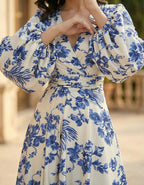 White Printed Satin Lantern Sleeve Maxi Dress