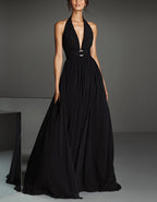 Black Halter Neck Chiffon Rhinestone Waist Belt Maxi Dress