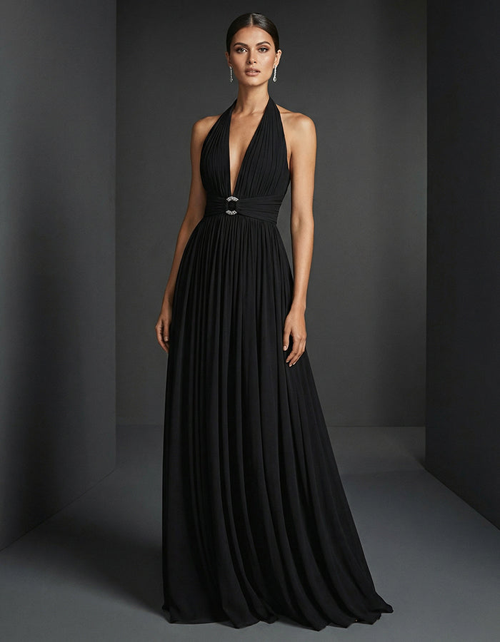 Black Halter Neck Chiffon Rhinestone Waist Belt Maxi Dress