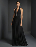 Black Halter Neck Chiffon Rhinestone Waist Belt Maxi Dress
