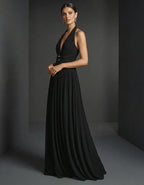 Black Halter Neck Chiffon Rhinestone Waist Belt Maxi Dress