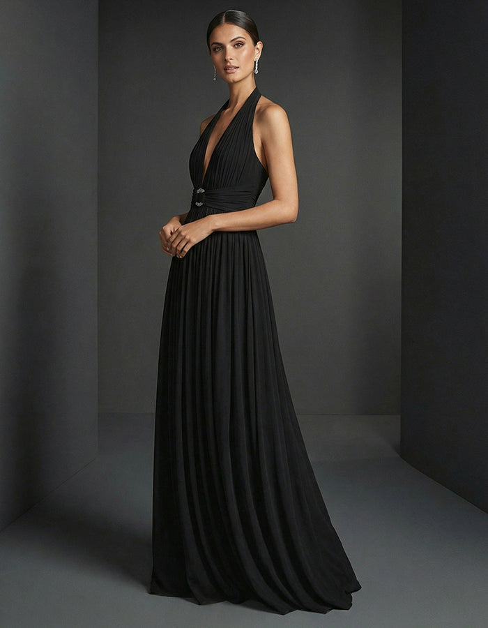 Black Halter Neck Chiffon Rhinestone Waist Belt Maxi Dress