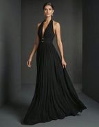 Black Halter Neck Chiffon Rhinestone Waist Belt Maxi Dress