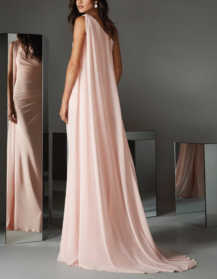 Light Pink One Shoulder Draped Chiffon Fishtail Maxi Dress