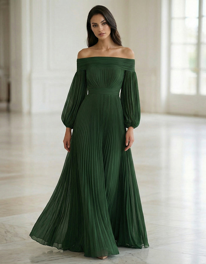 Dark Green Off Shoulder Pleated Lantern Sleeves Maxi Dress